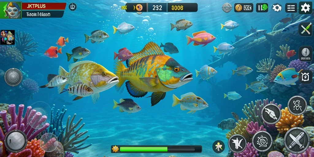 Gameplay menembak ikan yang seru dan penuh warna.