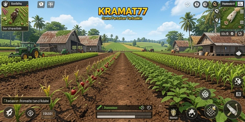 Tampilan gameplay seru di KRAMAT77 dengan aktivitas pertanian.