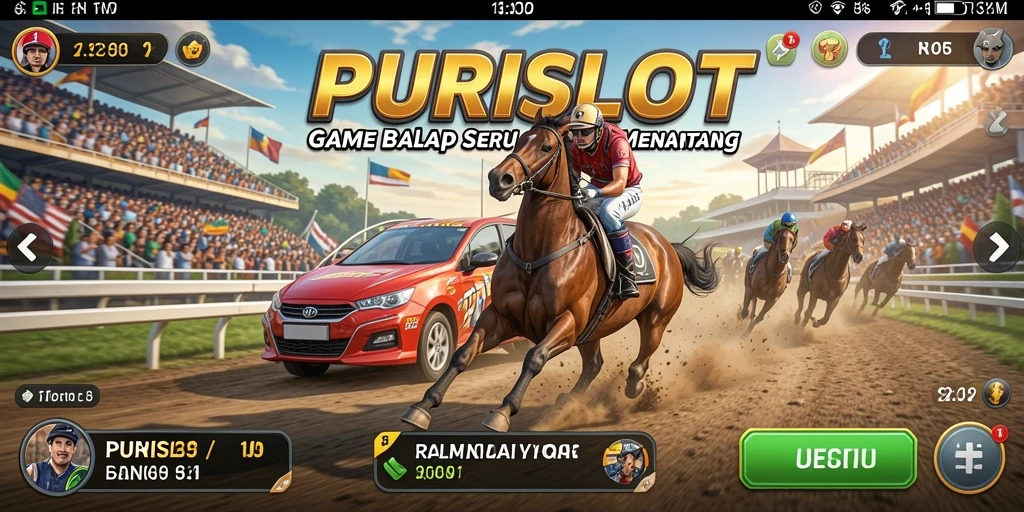 Screenshot gameplay <strong>PURISLOT</strong> yang menunjukkan balapan mendebarkan di trek.
